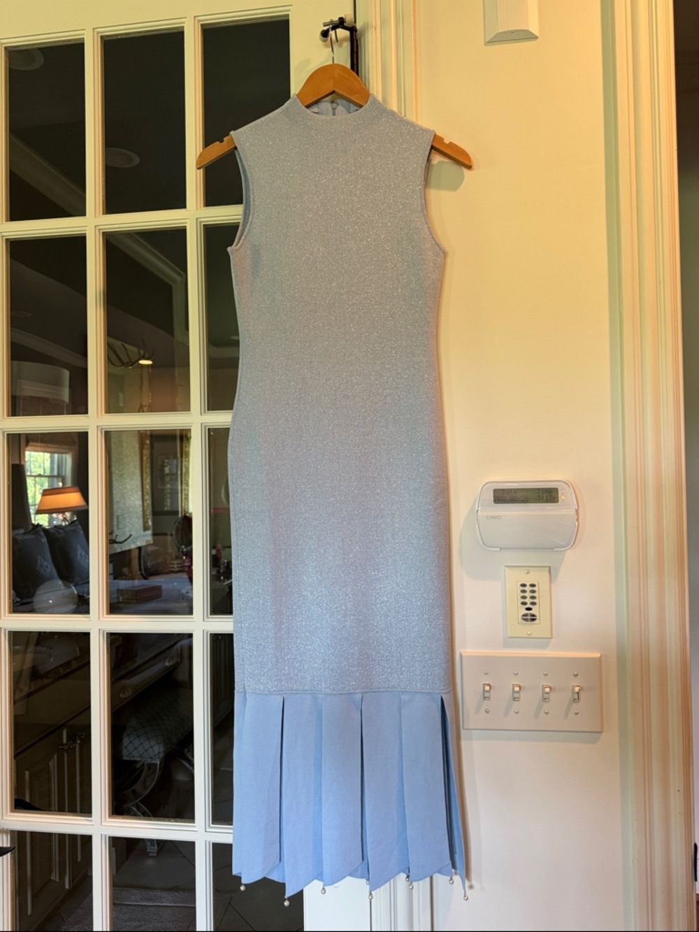 STAUD Light Blue Sleeveless Midi Dress with Pleated Hem